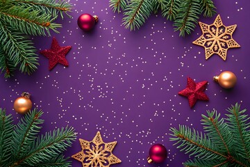 A flat lay of Merry Christmas and Happy Holidays greeting card, frame and banner. New Year. Noel. Golden and red Christmas ornaments on purple background top view. Winter xmas holiday theme.