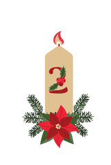 Beige Advent Candle with Number 2, Holly and Poinsettia. Flat Winter Illustration for Christmas Countdown.