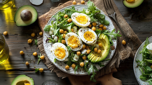 Fresh protein salad with soft-boiled eggs, avocado, chickpeas and leafy greens on a rustic wooden table. Natural light, healthy clean-eating meal with vibrant colors and organic ingredients