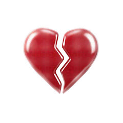 Glossy broken heart symbol made of dotted halftone texture in red color on white background.