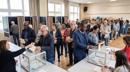 People casting their votes in a polling station during an election day with transparent ballot boxes on tables