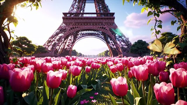 Vibrant Tulip Garden in Foreground with the Eiffel Tower Visible in Paris