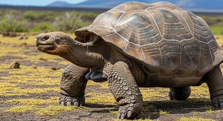 Massive Gal&aacute;pagos tortoise walking slowly with textured shell and ancient, calm appearance.