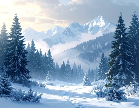 Serene mountain forest scene with snow-covered ground and misty pine trees under winter light