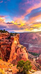 Dramatic view of a canyon with a vibrant sunset sky, red rocks, and greenery below