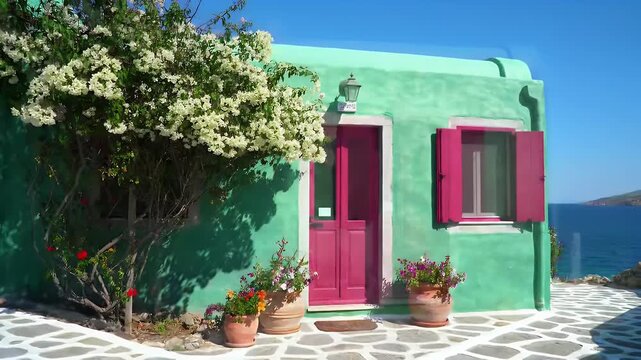 Vibrant Turquoise-Walled Mediterranean Courtyard with Magenta Door, Blooming Tree, and Sunny Stone Pattern