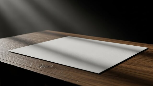 Blank White Paper on Wooden Table with Light Streaks.