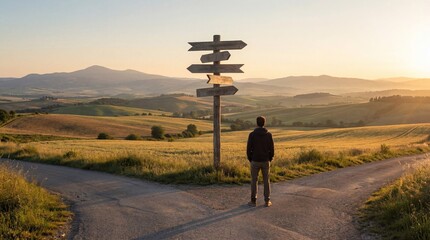 A person standing at a wooden signpost in a vast countryside landscape during sunset with rolling hills and distant mountains