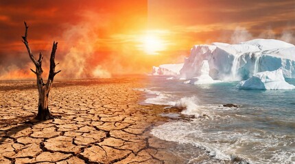 Dramatic landscape with cracked desert ground transitioning to icy ocean and melting glaciers under an orange sky