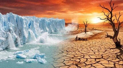 Majestic ice glacier melting into a cracked desert landscape under an orange sunset sky