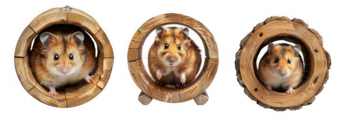 Three adorable small hamsters peeking out from hollowed out walnut shells isolated on transparent background
