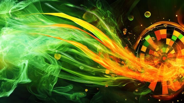 Abstract dartboard explosion with colorful smoke and fire