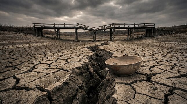 Abandoned wooden bridge over a cracked, dry landscape with an empty bowl in the foreground under stormy skies - Powered by Adobe
