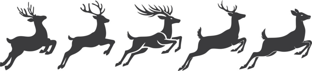 Running and jumping deer silhouette vector set showcasing dynamic motion and festive style. Perfect for Christmas design, winter branding, holiday decor, woodland themes, stickers, logo, and cut file.