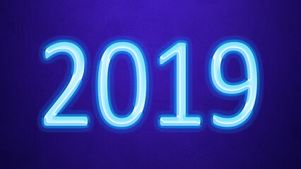 Glowing blue number design of 2019 on blue background.