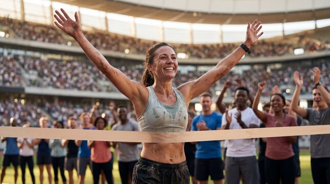 Jubilant runner crossing finish line with arms raised in victory at a crowded stadium event