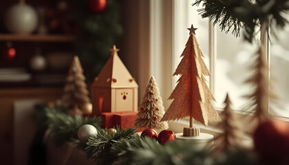 Charming Christmas Mini Trees and Ornaments Displayed Beside a Window in Warm Seasonal Light