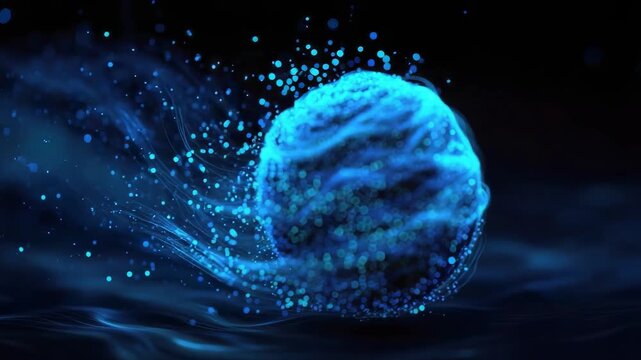 A glowing blue cell-like sphere with fibrous extensions against a dark background.