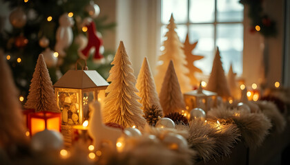 Warm Christmas Decorations with Soft Lights, Mini Trees, and Cozy Seasonal Accents Indoors