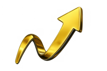 Golden arrow ascending on a wavy path, symbolizing business growth, financial market increase, and economic success