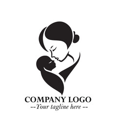 Mom and Baby Logo Symbol in Black on White Background for Gentle Minimalist Branding Design Art