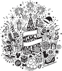 Festive Christmas Explosion of Geometric Fireworks Ribbon Curls Candy Cane Tower Santa Hat Sparks and Lantern Glow  Holiday EPS