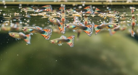 Colorful guppy swimming with flowing fins and vibrant tail patterns in clear water.