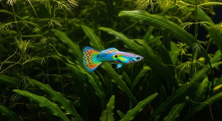 Colorful guppy swimming with flowing fins and vibrant tail patterns in clear water.