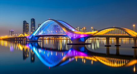 Sheikh Zayed Bridge Illuminated at Night with Vibrant City Lights, Iconic Modern Architecture and Futuristic Urban Landmark Showcasing Engineering Excellence and Nighttime Cityscape Concept