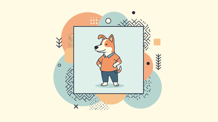 A cartoon dog standing confidently, wearing clothes, set against abstract shapes.