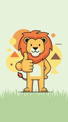 Cartoon lion giving a thumbs up with geometric shapes and grass background.