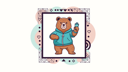 Cartoon bear wearing a hoodie, holding a popsicle, framed by geometric shapes and pastel circles.