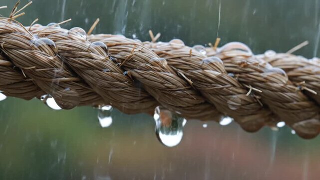 Detailed View of Braided Rope with Glistening Raindrops, Wet Natural Fiber Texture