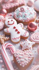 Luxury Pastel Christmas Cookies Gingerbread Man and Candy Canes Cute Winter Dessert