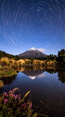 Night sky star trails circle above a snow-capped mountain reflected in a still lake surrounded by lush greenery