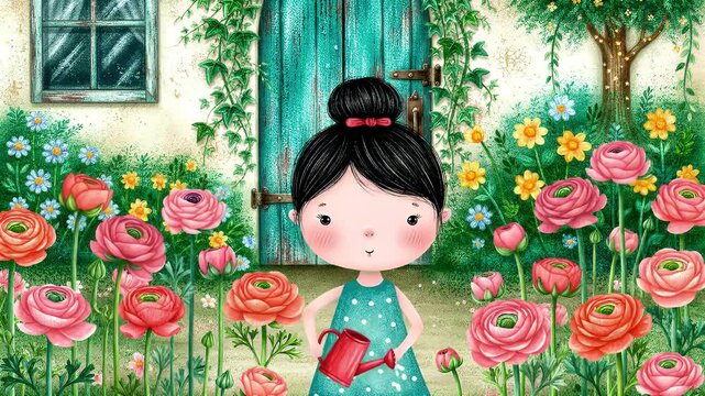 Whimsical Cartoon Girl in a Turquoise Dress Standing Amid Blooming Pink Roses