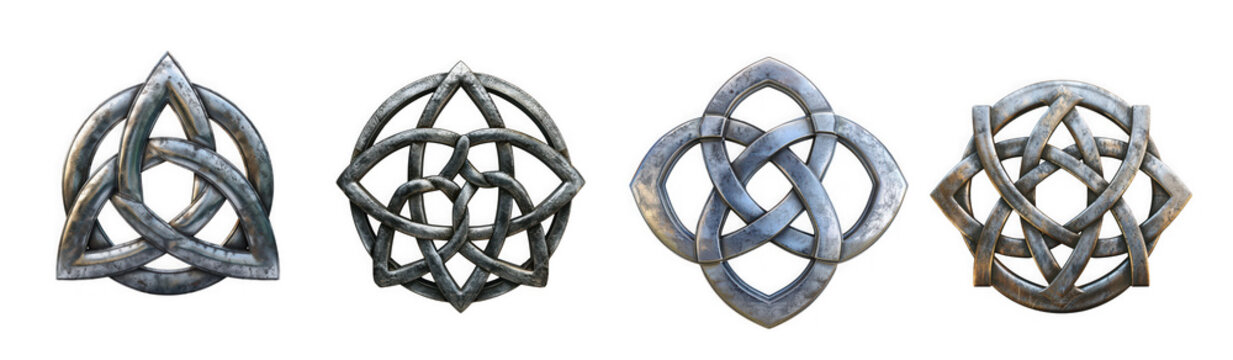Four ornate celtic knotwork pendants with intricate interwoven designs isolated on transparent background