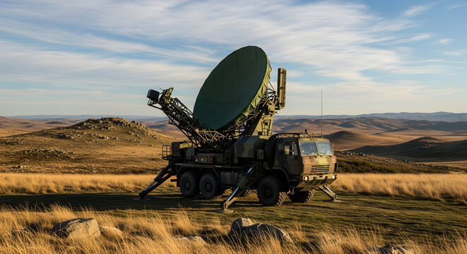 Military mobile radar system mounted on tactical vehicle in wide open landscape, showcasing advanced surveillance technology, defense communication, and strategic field operations