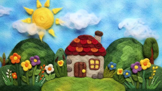 Whimsical clay-animated cottage village amid sunny sky and blooming garden