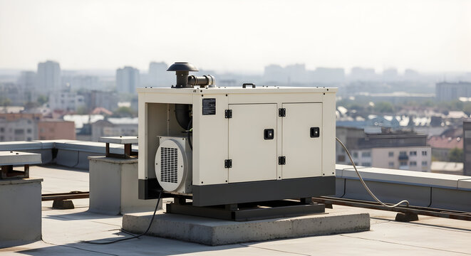 Heavy-duty rooftop generator unit installed in metropolitan environment, highlighting reliable backup power system, modern utility setup, and urban operational preparedness - Powered by Adobe
