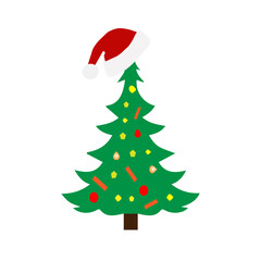 Christmas Tree Celebration: A festive illustration of a Christmas tree adorned with ornaments and a Santa hat, embodying holiday cheer and seasonal joy.