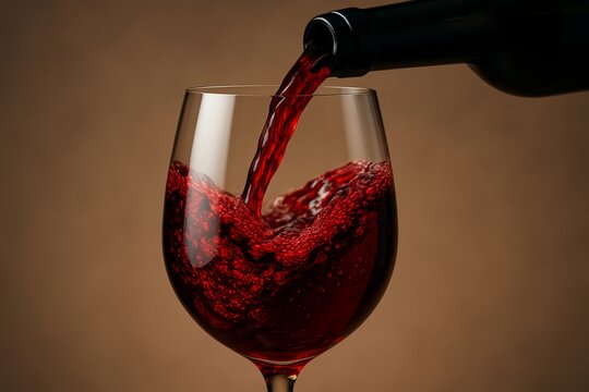 Close-up of red wine being poured into a clear glass with dynamic motion and splash detail on a soft gradient brown background. Ai generative. Ai generative - Powered by Adobe