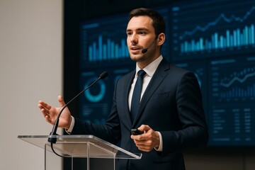 Confident businessman giving data-driven presentation on stage with graphs and charts in background, illustrating leadership and analytics concept. Ai generative