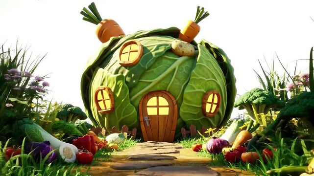 Whimsical cottage shaped like a cabbage in a colorful vegetable garden utopia