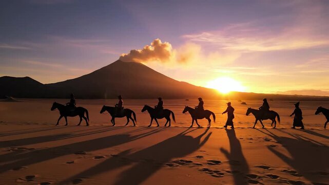 Silhouetted horseback riders traverse sandy terrain with majestic Mount Bromo in the background during a vibrant sunrise in Indonesia.