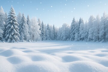 Fototapeta premium Peaceful snowy winter forest with frosted pine trees under a clear blue sky and soft falling snowflakes in tranquil holiday season atmosphere background. Ai generative