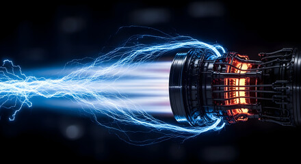 High-tech jet engine with glowing exhaust trails against a dark background, showcasing advanced aerospace technology, speed, and futuristic aircraft engineering illustrations