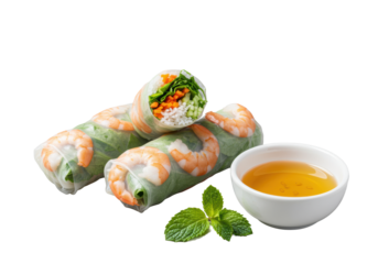 Three elegant rice paper spring rolls, vibrant julienned vegetables and pink shrimp, amber dipping sauce, mint leaf on transparent studio background, concept for culinary advertising