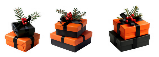 Three halloween themed gift boxes stacked with festive orange and black wrapping and green sprigs isolated on transparent background