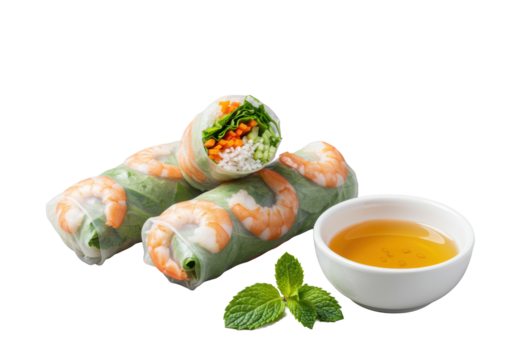 Three elegant rice paper spring rolls, vibrant julienned vegetables and pink shrimp, amber dipping sauce, mint leaf on transparent studio background, concept for culinary advertising